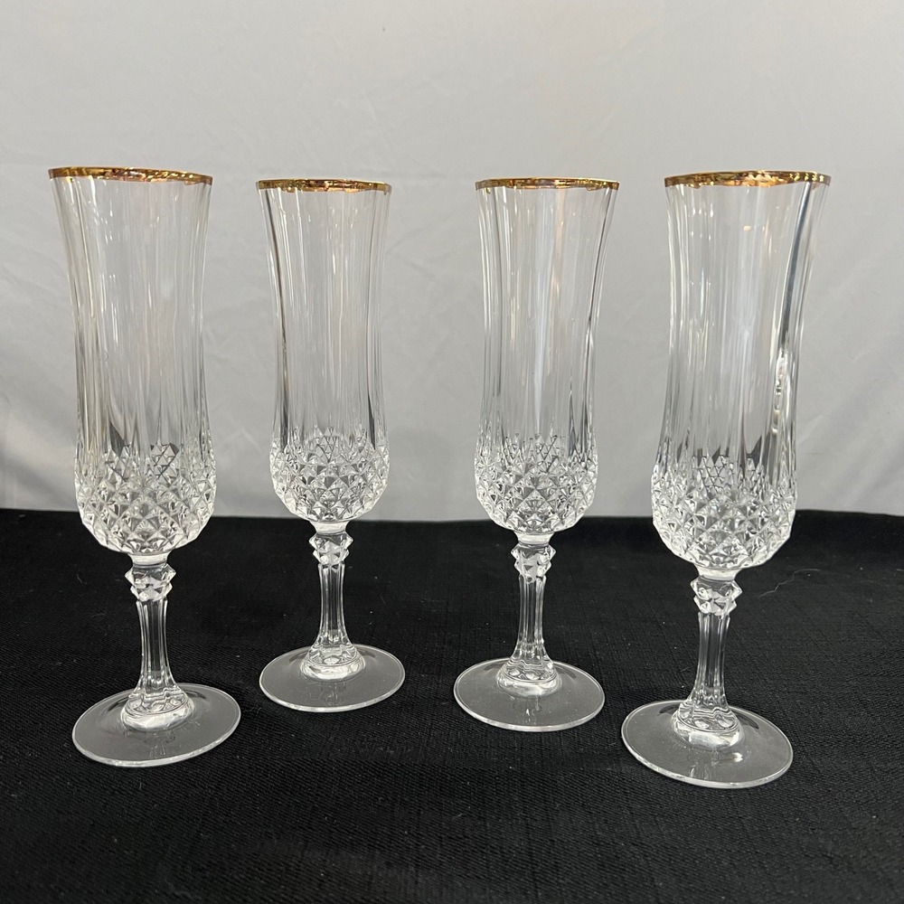 Set of 4 Vintage Crystal Champagne Flutes Gold Rim Octagonal Diamond Cut Glass